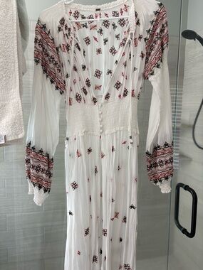 Free People White Maxi Dress with Red & Black Embroidery & side slits